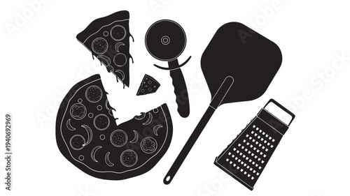 Silhouette of a whole pizza, slices, pizza cutter, pizza peel, and grater, isolated on white background, perfect for culinary themes and food service graphics
