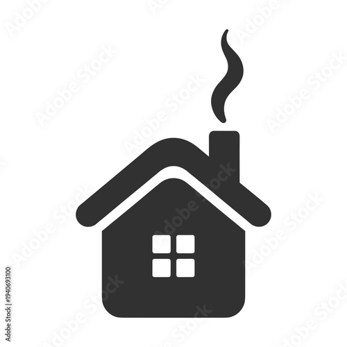 Stylized house icon with smoke coming from chimney isolated on white background