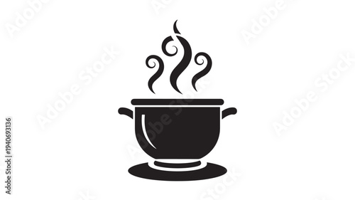 Steaming Pot Icon A Simple Silhouette Representing Hot Food Preparation and Culinary Arts with a Whimsical Swirl of Steam Rising from the Pot's Opening