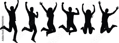 jumping people silhouettes set, happy men women jumping poses, celebration action figures, energetic human characters isolated black vector