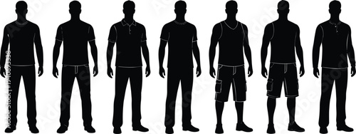 male silhouettes collection, casual men standing set, human body outline, different male poses isolated, black vector people illustration