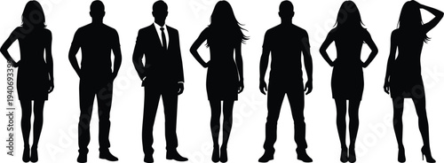 people silhouettes collection, men women standing poses set, business and casual characters, human figures isolated black vector