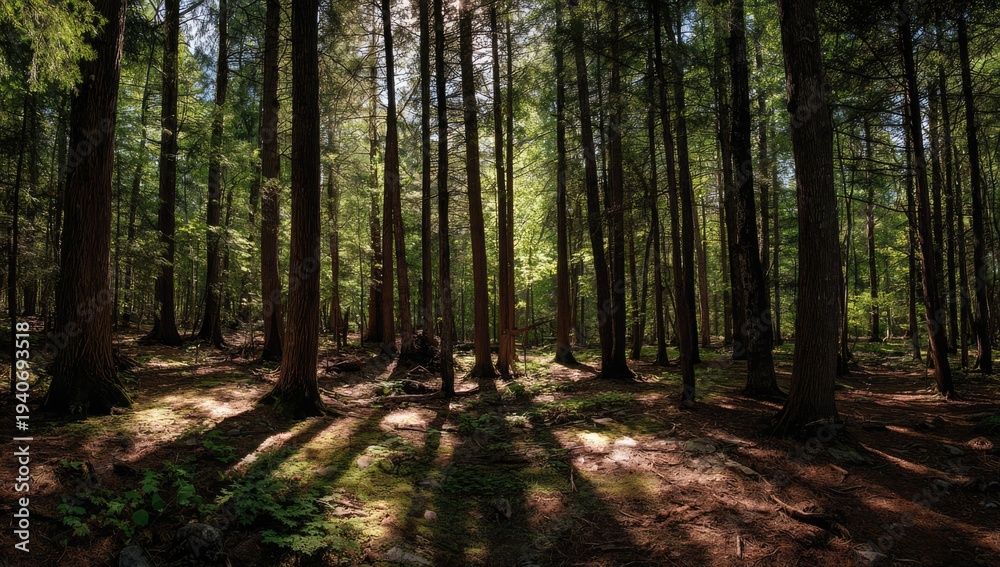 Obraz premium Sunlight filtering through a dense forest creating dramatic shadows on the ground.