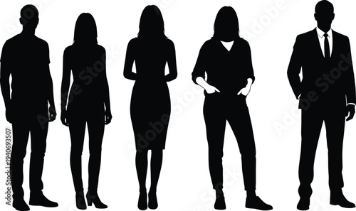 people silhouettes collection, men women standing set, business and casual characters, human figure outlines isolated black vector illustration