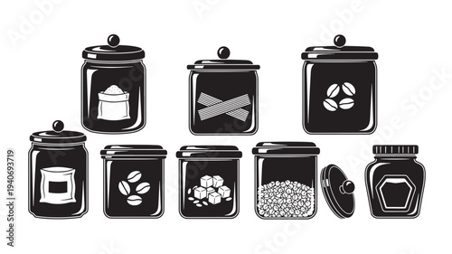 Assorted kitchen containers with various food ingredients arranged neatly on a clean surface from a straightforward viewpoint