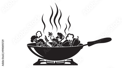 Sizzling vegetables cooking in a wok on a gas stove, viewed from the side, surrounded by rising steam