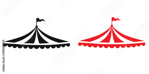 Circus Tent Icons: Black and Red Vector Illustrations on White Background