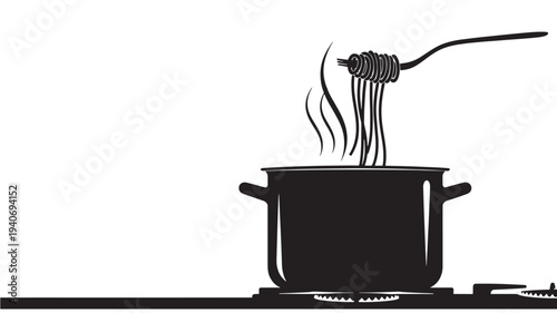 A steaming hot pot on a stovetop with a ladle lifting food, viewed from the side in a kitchen environment with steam rising