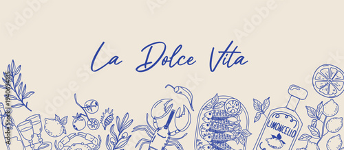 La dolce vita Italian food illustration with wine and fresh produce. Horizontal banner or postcard design. Vector illustration.