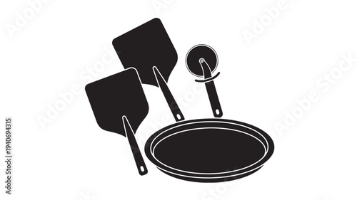 Black kitchen utensils including spatulas and a rolling pin placed on a frying pan in a simple graphic illustration style