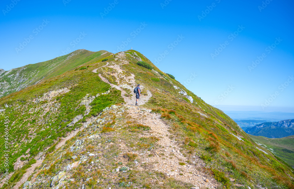 Fototapeta premium Hikers traverse the winding path on Bystra Mountain, enjoying clear blue skies and the lush greenery typical of the Tatras in Slovakia. A serene adventure through nature's beauty awaits.