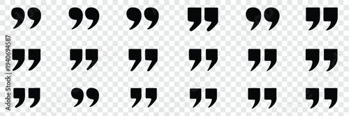 Variety of black quotation marks icons, different styles, punctuation symbols, speech marks, vector graphics, typographic design elements, quote symbols, text punctuation