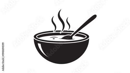 A steaming bowl of hot soup with a spoon inside viewed from directly above in a simple graphic illustration style