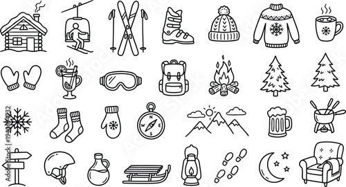 Winter set of icons and elements for design with skis, cabin, clothes and fir trees