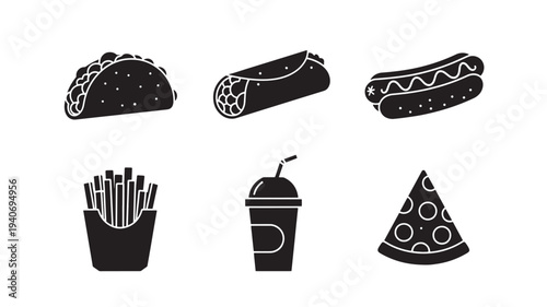 Collection of various fast food items including burrito, hot dog, and pizza slice, presented in a simple graphic style, viewed from directly above.