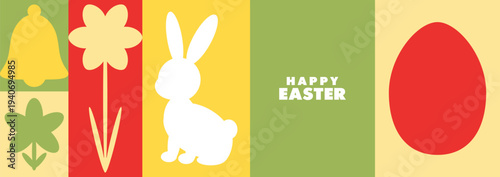 Easter holiday concept with elements, such as rabbit silhouette, egg, bell, floral elements in flat mosaic style in vibrant red, yellow, and green color. Easter poster, cover, postcard. Banner, header