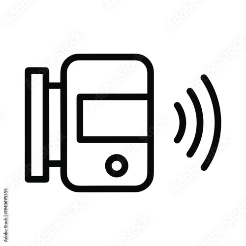 A black line art illustration of a motion sensor with wireless signal waves emitting
