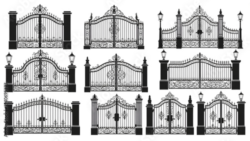 Vintage Victorian Gate and Fence Silhouettes Wrought Iron Vector Set for Estate Architecture