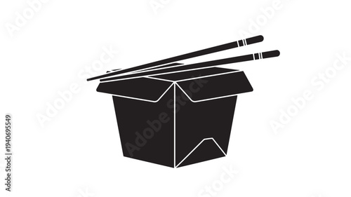 A simple black and white illustration of a takeaway container with chopsticks on top, viewed directly from the front.