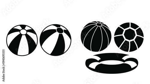 Black and white graphic of various beach balls and a float silhouette