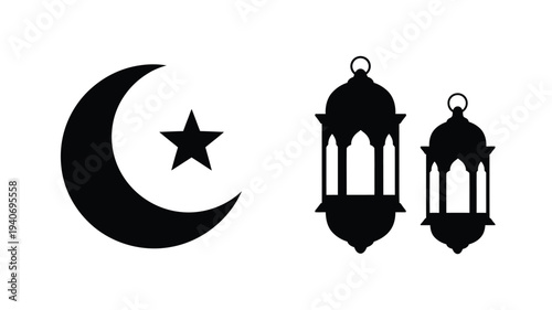 Islamic crescent moon star and lanterns in bold silhouette
