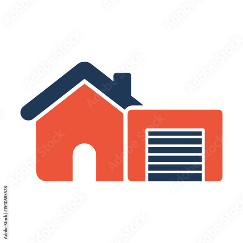 House with garage icon in red and blue colors showing residential property architecture