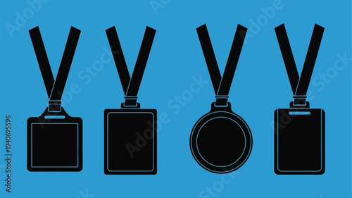 Four blank identification badges displayed against a blue background silhouette