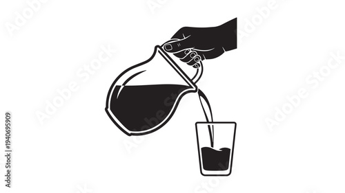 A hand pours liquid from a flask into a glass container, illustration of a simple action, close-up view.