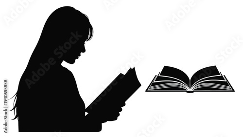A young woman engrossed in reading an open book a silhouette