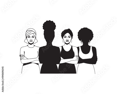 Black and White Silhouette of Four Women with Arms Crossed Standing Together hairstyles diverse coverings