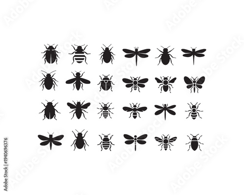 Collection of Black Insect Silhouettes Featuring Various Beetles Bees Dragonflies and Other Arthropod on a White Background for