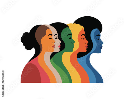 Diverse Women's Profiles in Profile Silhouette with Different Skin Tones and Hairstyles Representing Femininity and Equality on