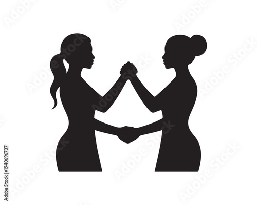 Two Female Silhouettes Holding Hands in a Symbol of Friendship Support and Connection on a White Background