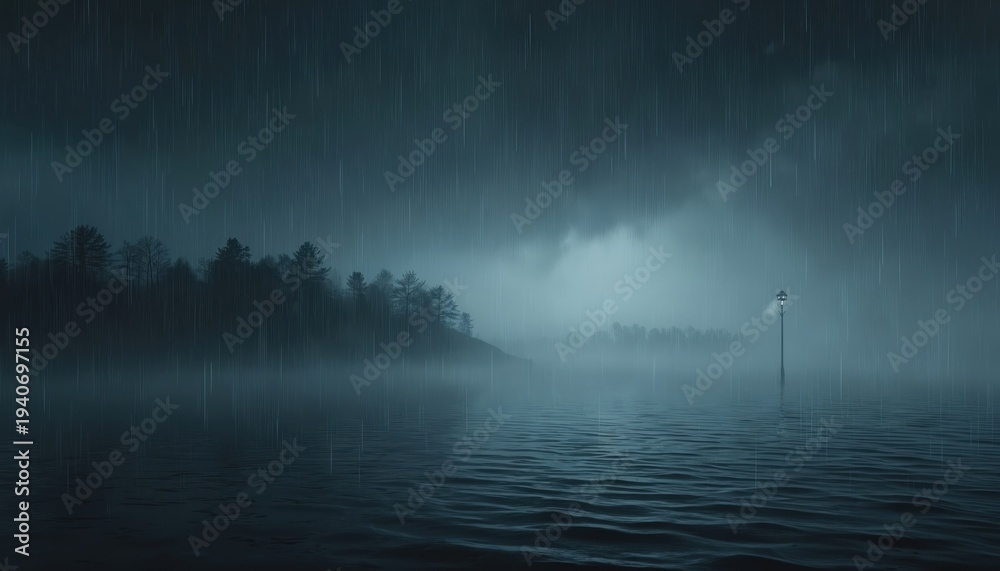 Fototapeta premium Dark moody scene with rain falling over a misty lake and forest. A lone lamppost shines light. Gloomy atmosphere for background or design elements.
