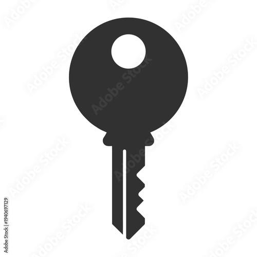 Black silhouette of simple metal key, isolated on white background, security concept image