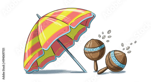 Latin Percussion Rumba Shakers and Striped Summer Parasol Holiday Concept