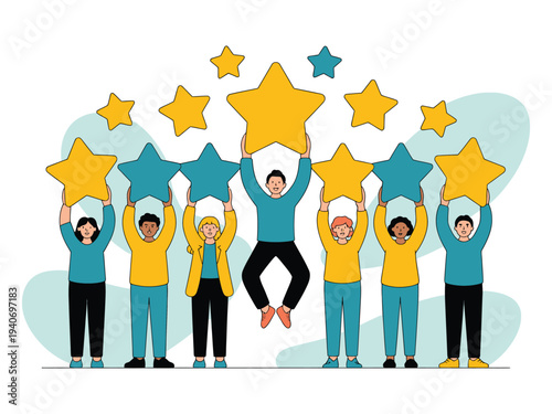 Diverse team celebrates success holding up.