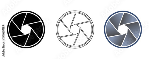 Vector camera shutter aperture icons set black filled white outline blue lens photography focus diaphragm iris simple line illustration collection
