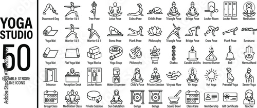 Yoga Studio Line Icons Set, Meditation Fitness Wellness Yoga Class Outline Vector Icons