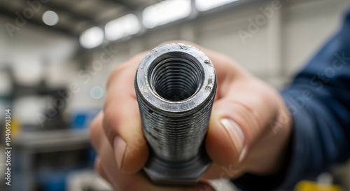 Close up of threaded bolt end held by hand in industrial setting