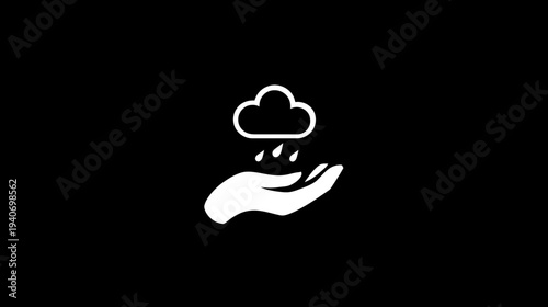 Hand catching rain from cloud icon. Water conservation, environmental care, nature protection, sustainable resource management symbol.