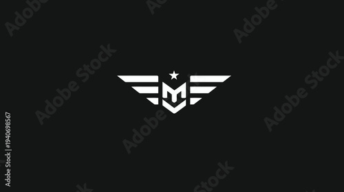 Symmetrical white geometric letter M logo with spread wings and a star emblem on a black background, representing strength and success.