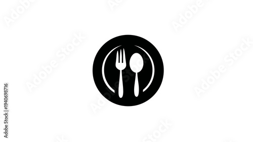 Food service icon: Plate with fork and spoon. Minimalist restaurant, dining, or catering symbol in black and white.