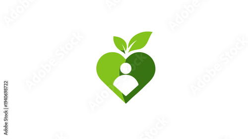 Green heart logo with human silhouette and leaves, symbolizing healthy living, organic care, nature, and holistic well-being.