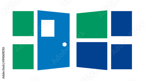 Geometric abstract design of an open blue door surrounded by green and blue square window-like shapes, conceptual graphic.