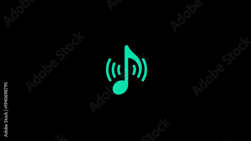 Vibrant glowing green musical note icon with radiating sound waves on black background, symbolizing audio, music, and digital sound.