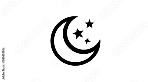 Minimalist Black Outline Icon of a Crescent Moon and Three Stars. Celestial Night Sky Symbol for Sleep, Dreams, and Astronomy.