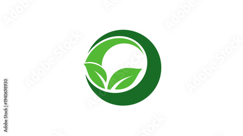 Modern green eco-friendly circular logo with natural leaves, representing nature, sustainability, organic growth, and health.