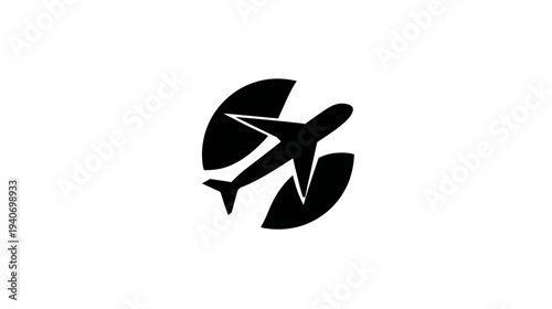 Airplane travel icon with plane flying in circular globe shape. Aviation symbol for worldwide journeys, flight, and tourism concept.