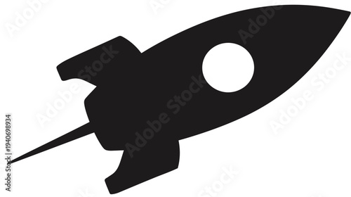 Black rocket silhouette icon, spaceship vector graphic, symbolizing startup launch, speed, and space exploration